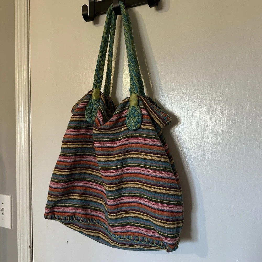 Limited Y2K Fabric & Yarn Large Hobo‎ Bag W/ Braided Straps Rainbow Colorful